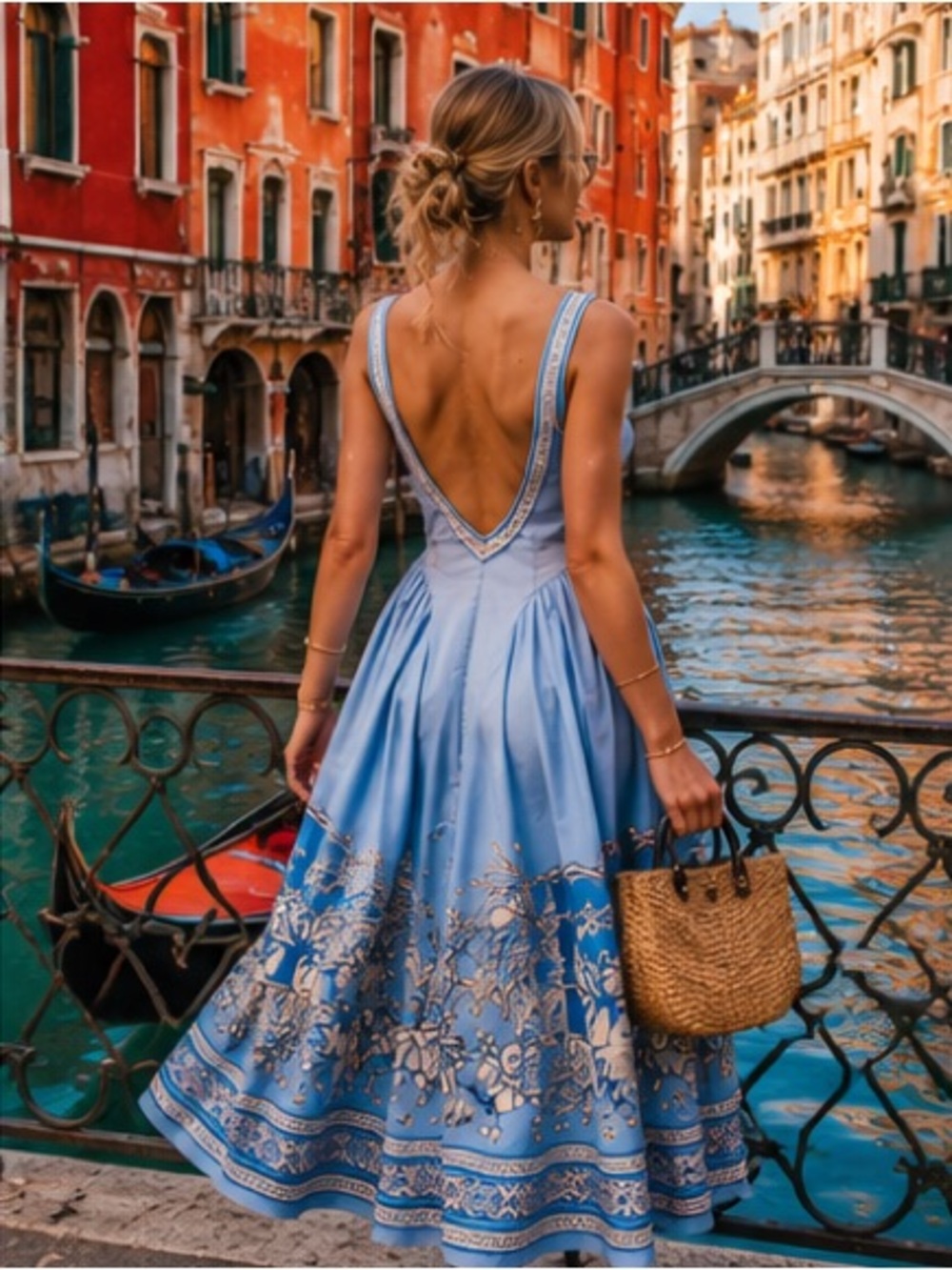 Light Blue Floral Midi Dress with Square Neck